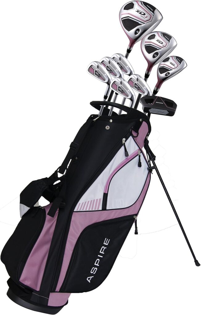 Aspire XD1 Ladies Womens Complete Right Handed Golf Clubs Set Includes Titanium Driver, S.S. Fairway, S.S. Hybrid, S.S. 6-PW Irons, Putter, Stand Bag, 3 H/C's Pink
