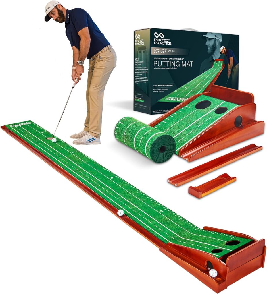 PERFECT PRACTICE (New Version) Putting Matt for Indoors - Indoor/Outdoor Putting Green with Ball Return, Realistic Surface Golf Putting Mat, Lay-Flat Technology - Golf Training Equipment & Aid