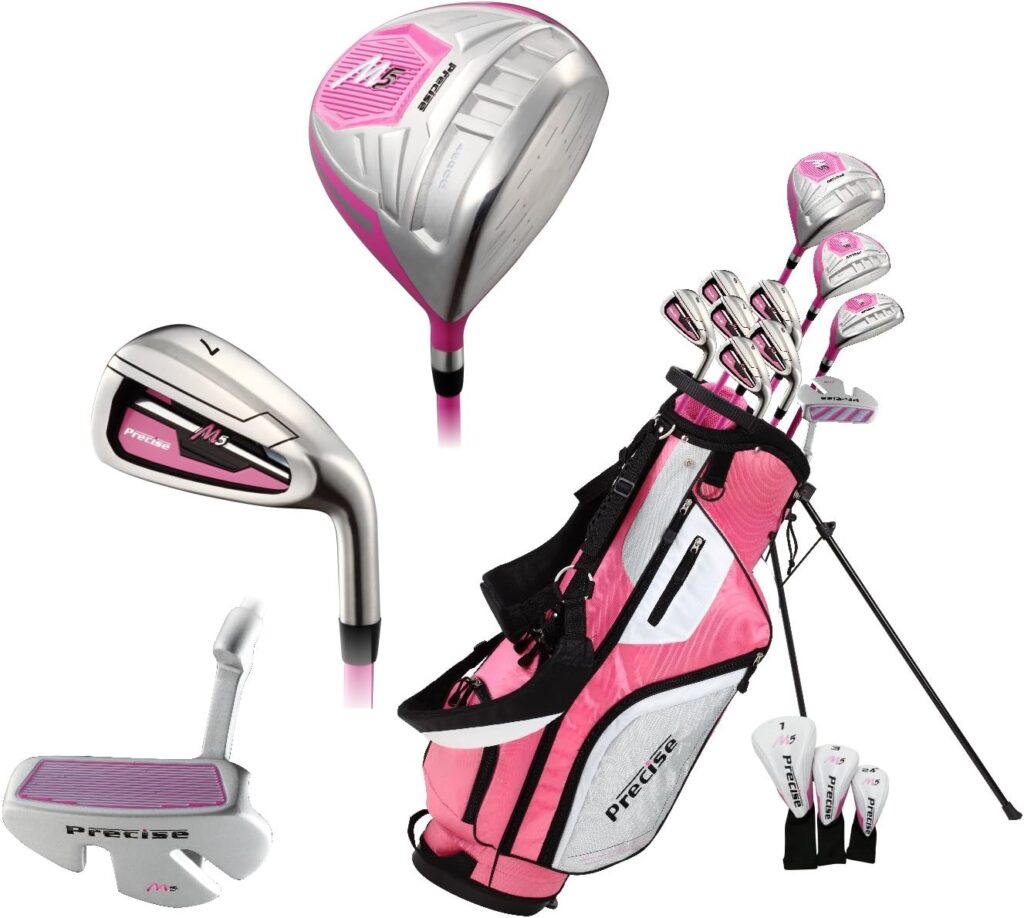 Precise M5 Ladies Womens Complete Right Handed Golf Clubs Set Includes Titanium Driver, S.S. Fairway, S.S. Hybrid, S.S. 5-PW Irons, Putter, Stand Bag, 3 H/C's Pink
