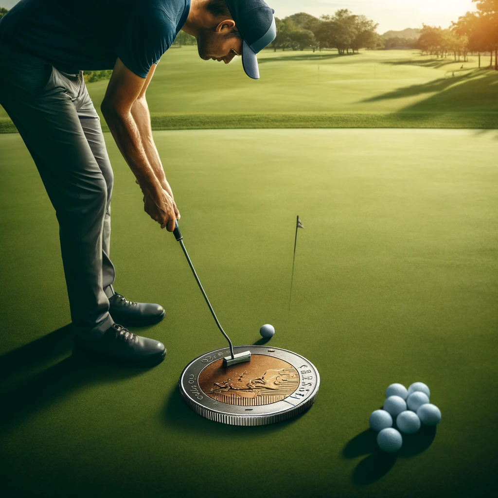 a golfer practicing the Coin Putting Drill on a green